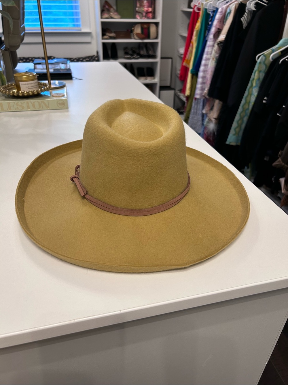 NEW Wide-Brim Felt Women's Hat with Leather Band - Mustard